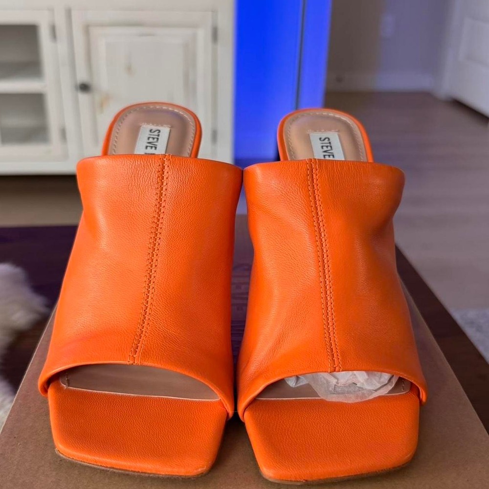 Steve Madden orange leather mules heels, black heel size women's 6.5